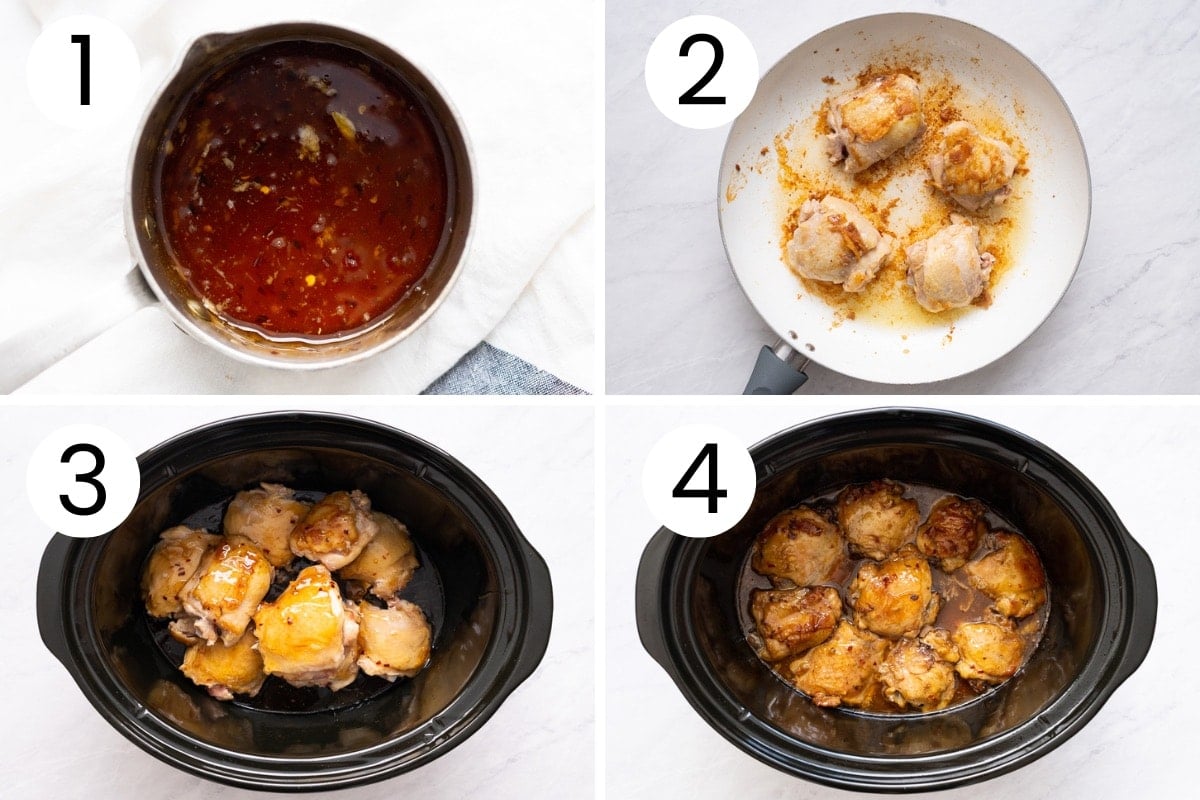 Step by step process how to make sweet chili sauce, then pan sear the chicken thighs and cook with sauce in slow cooker.