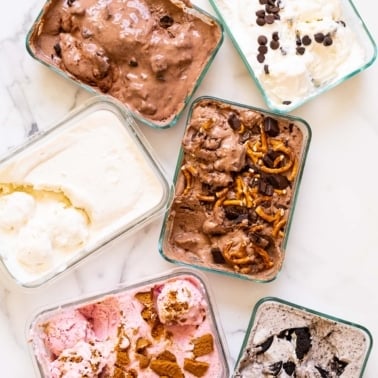 Six glass containers with various cottage cheese ice cream recipes.