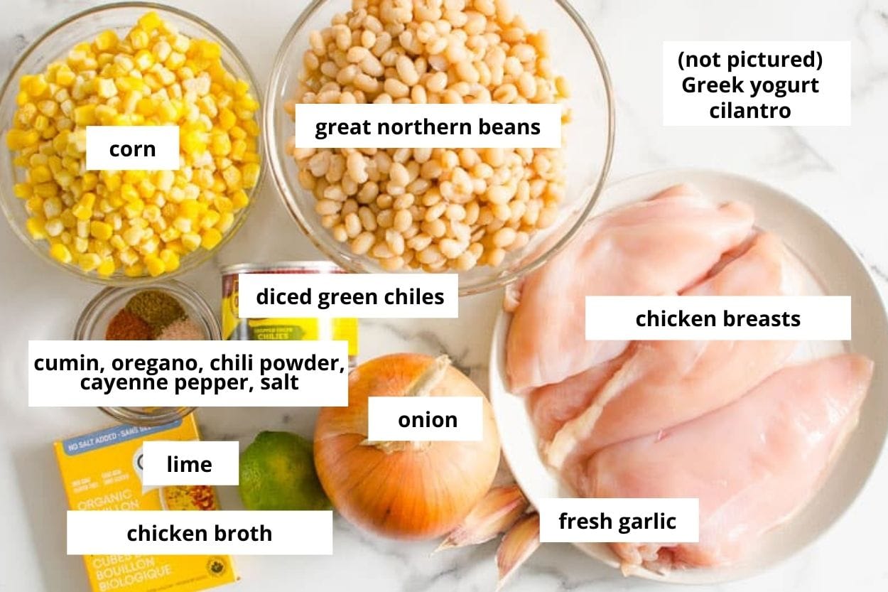 Chicken breasts, white beans, corn, onion, lime, garlic, chicken broth, diced green chiles, cumin, oregano, chili powder, cayenne, salt.