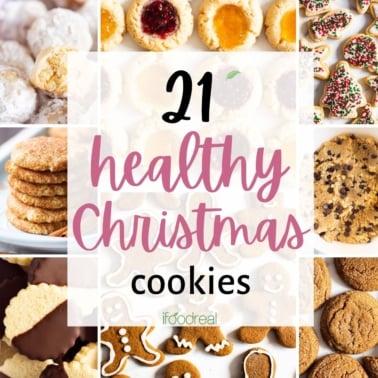 Collage of 21 healthy Christmas cookies.