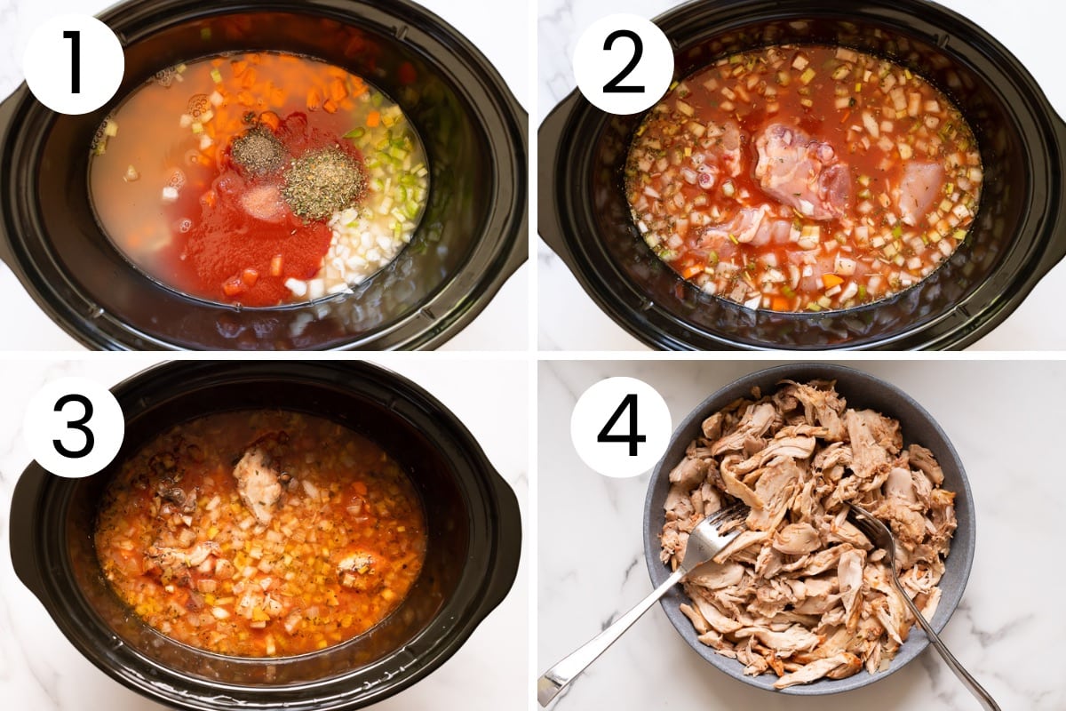 Step by step process how to cook chicken for spaghetti in a crock pot.