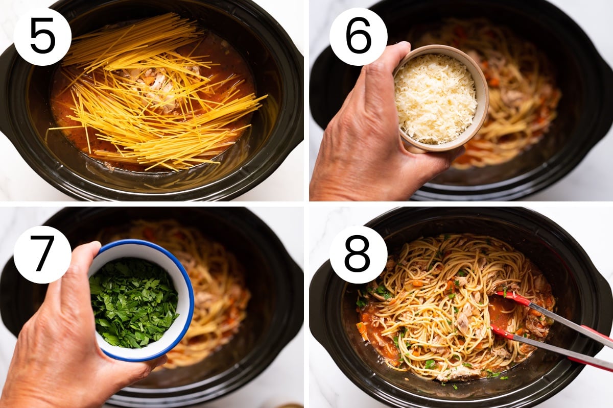 Step by step process how to cook crockpot chicken spaghetti and season it.