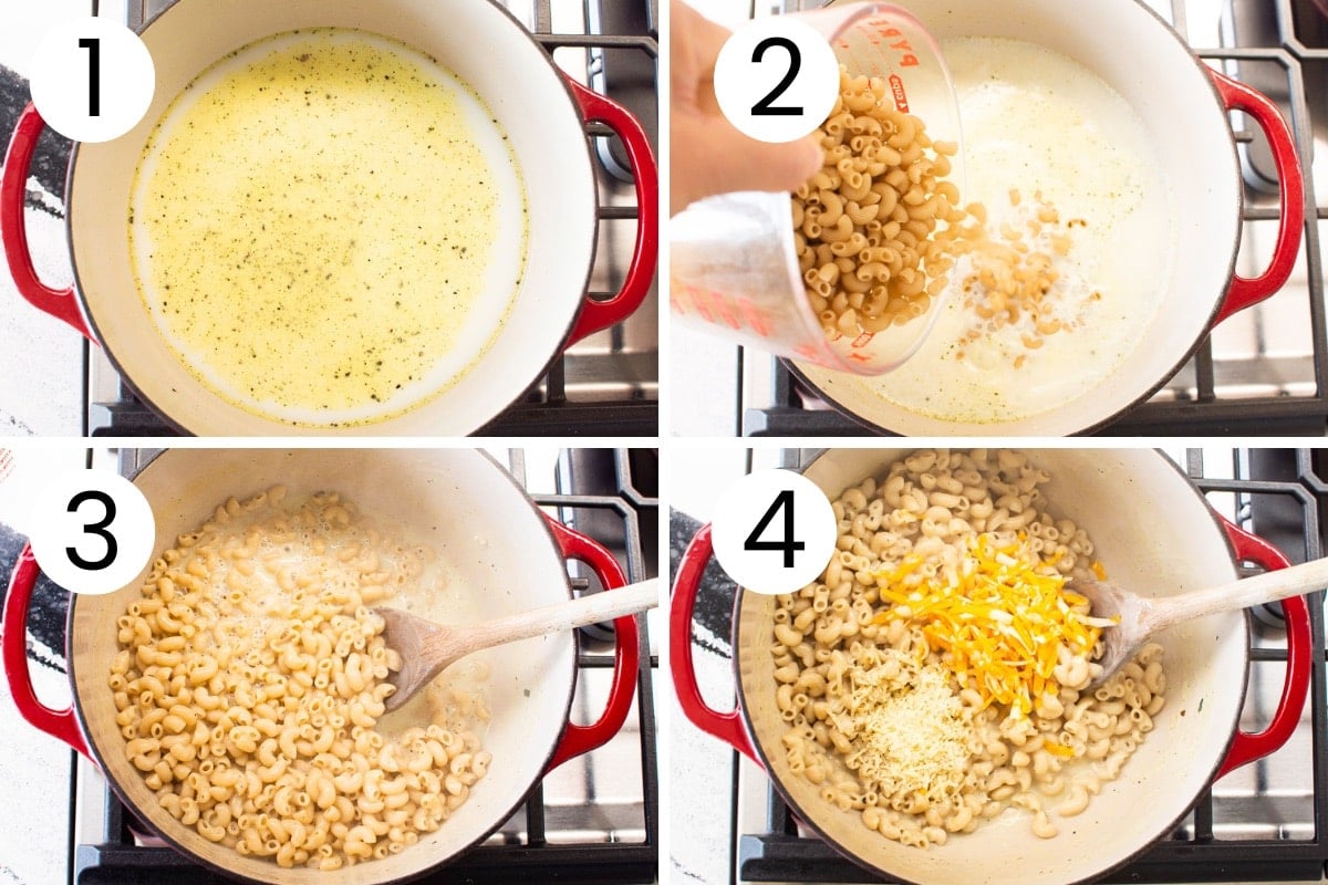 Person showing how to make healthy mac and cheese on the stove step by step.