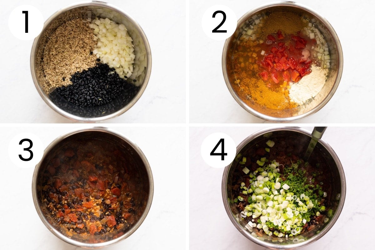 Collage of how to make Instant Pot rice and beans step by step.