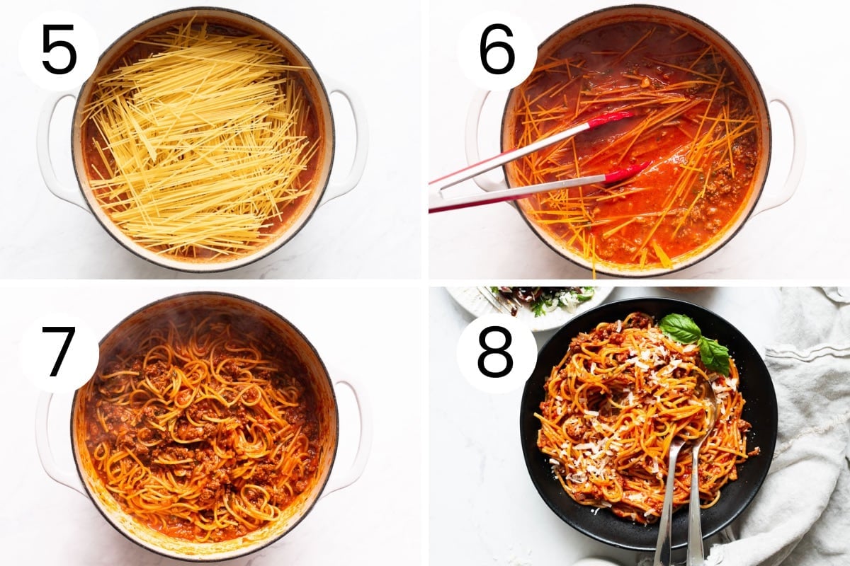 Step by step process how to make spaghetti and meat sauce in one pot.