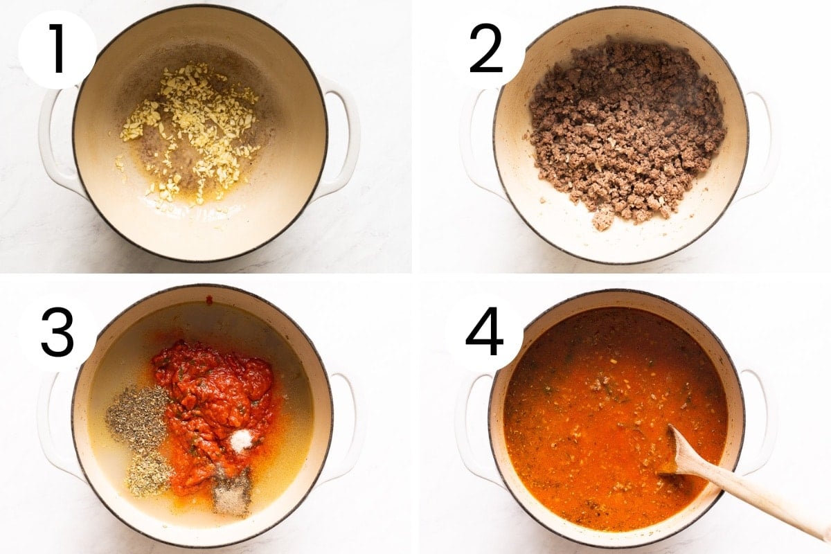Step by step process how to make marinara and meat sauce in one pot.