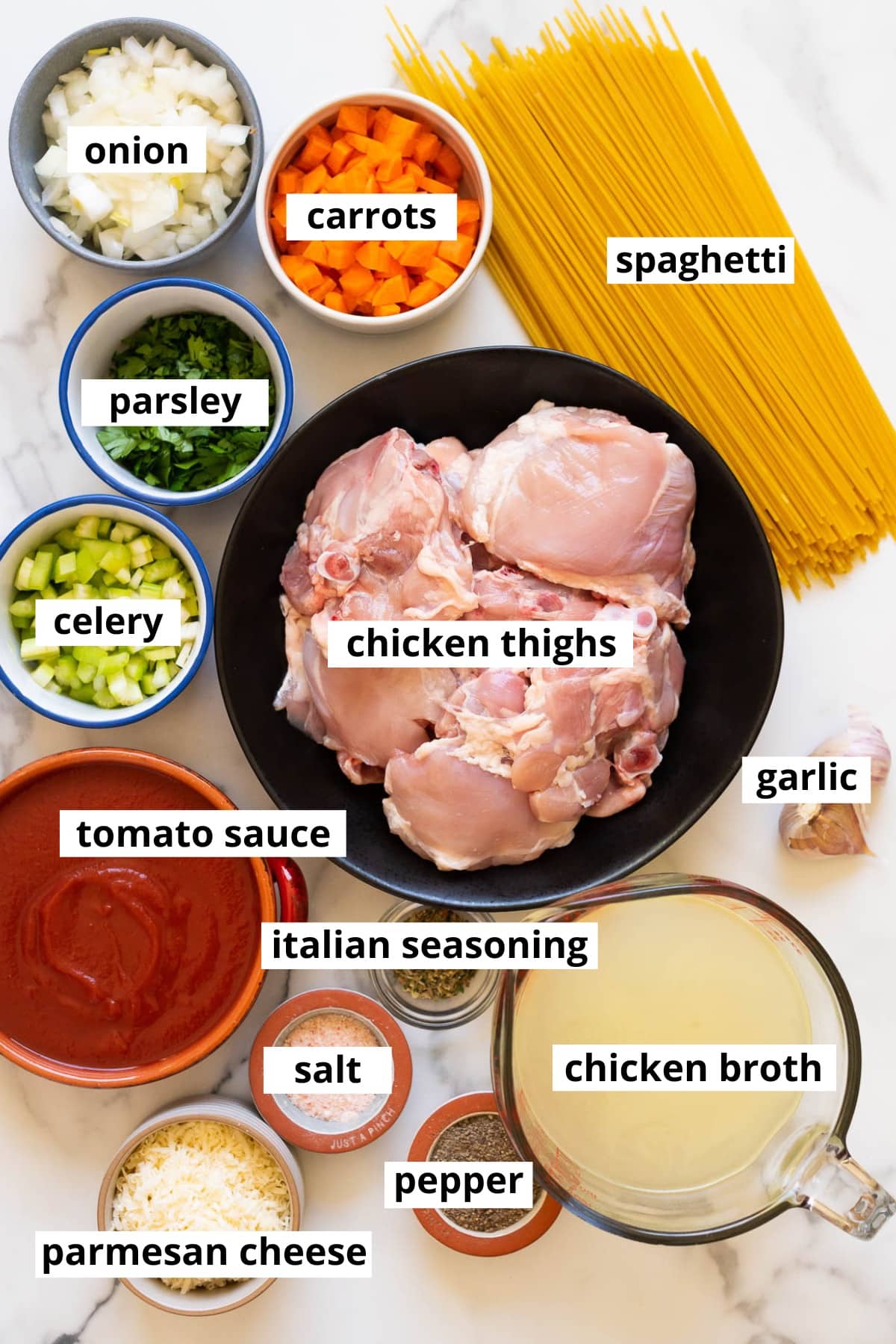 Chicken thighs, spaghetti, onion, carrots, parsley, celery, garlic, tomato sauce, Italian seasoning, chicken broth, parmesan cheese, salt, pepper.