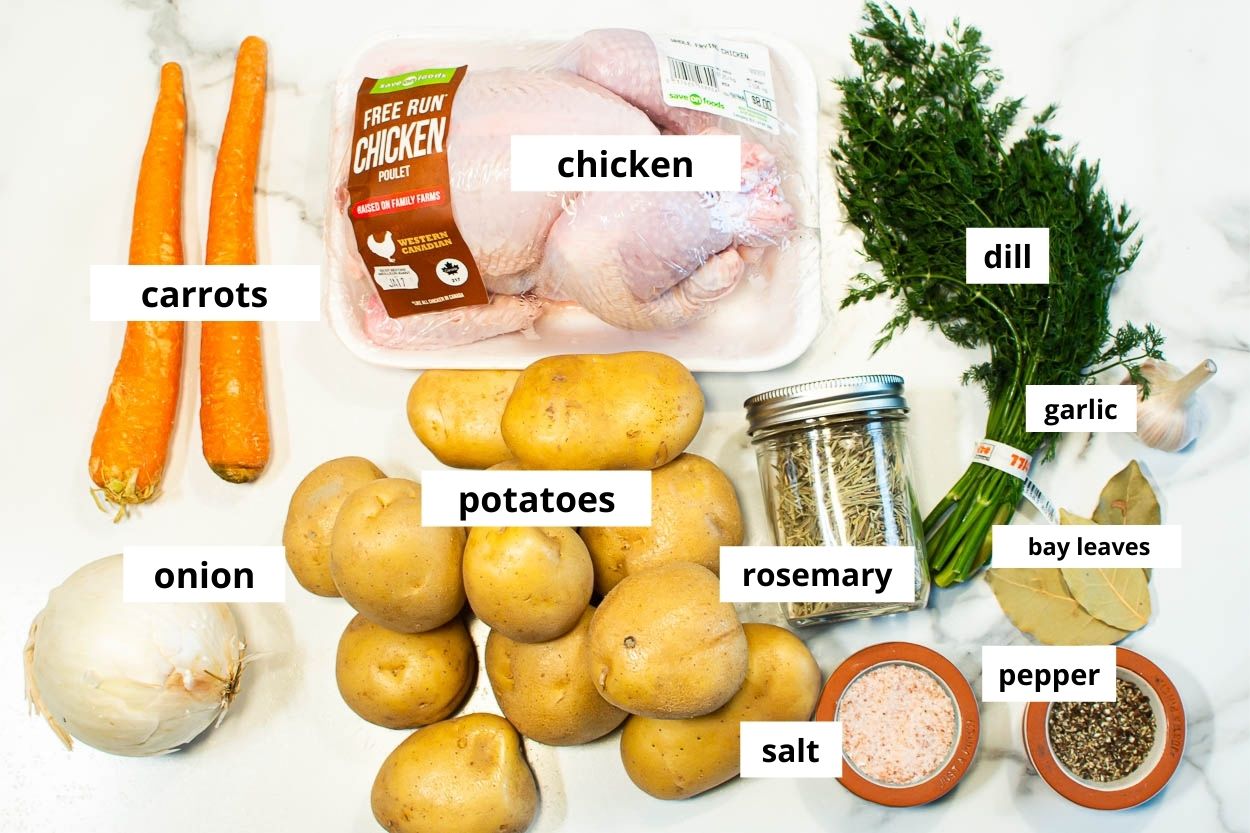 Whole chicken, carrots, potatoes, onion, dill, garlic ingredients.
