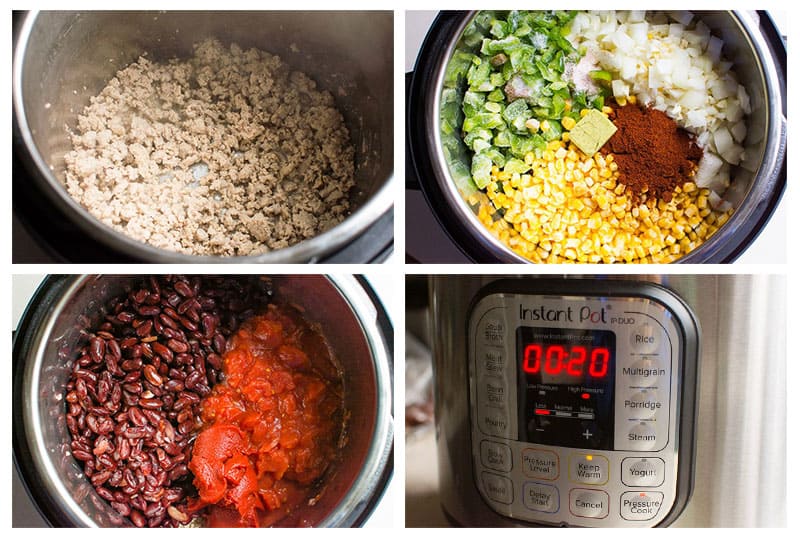 Collage of how to make Instant Pot turkey chili step by step.