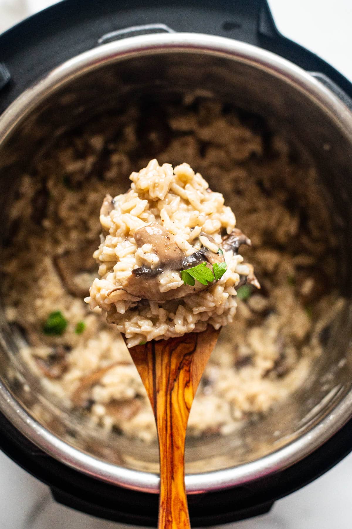 Mushroom risotto on a wooden spoon above the pot.