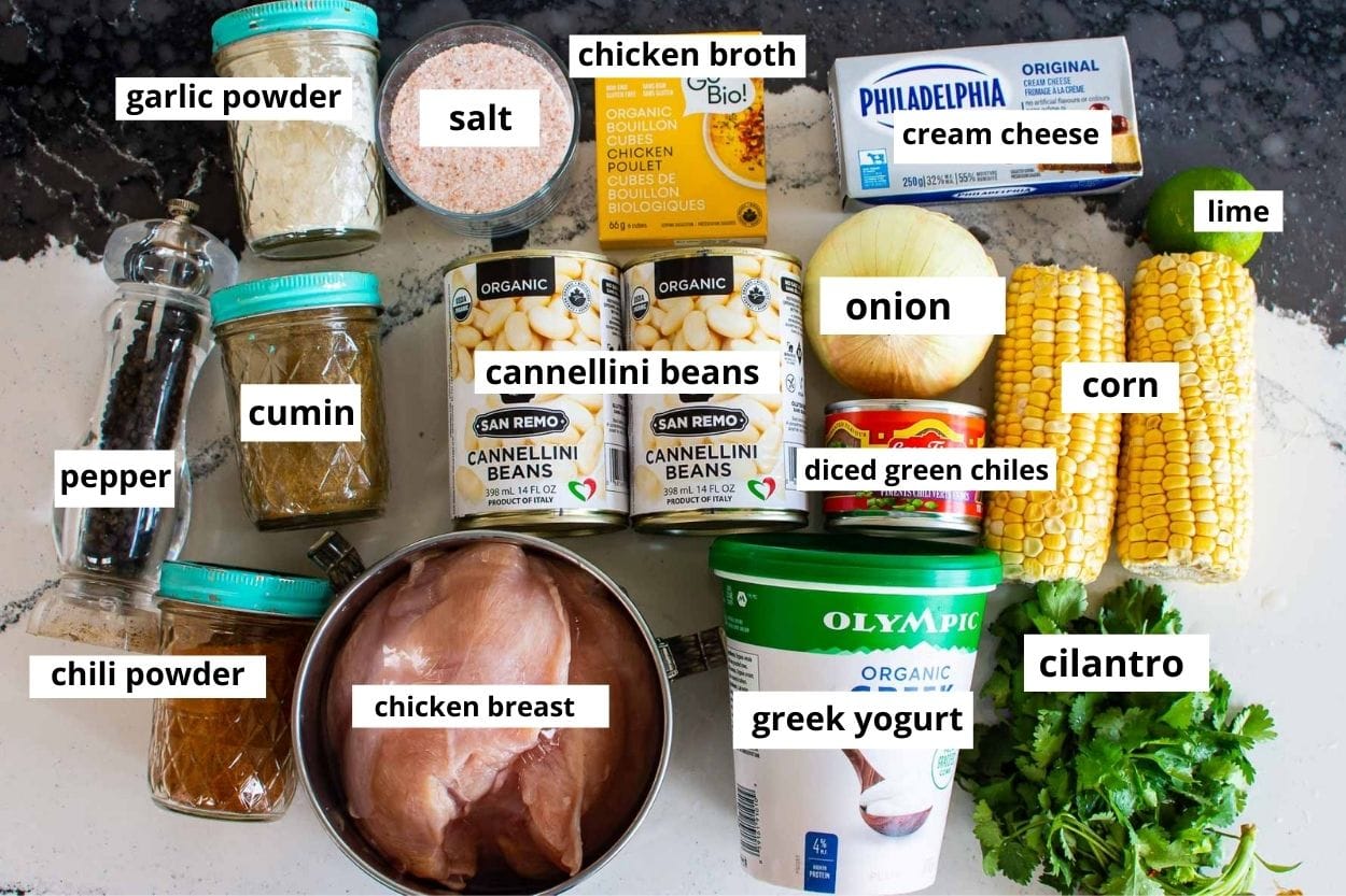 Chicken breasts, corn, beans, yogurt, cream cheese, spices, cilantro, green chiles, lime, stock, onion.