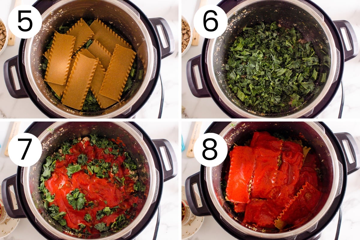 Layering lasagna in the pressure cooker step by step.