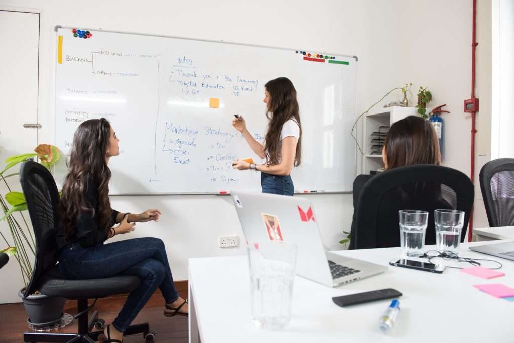 image of three women brainstorming team building events