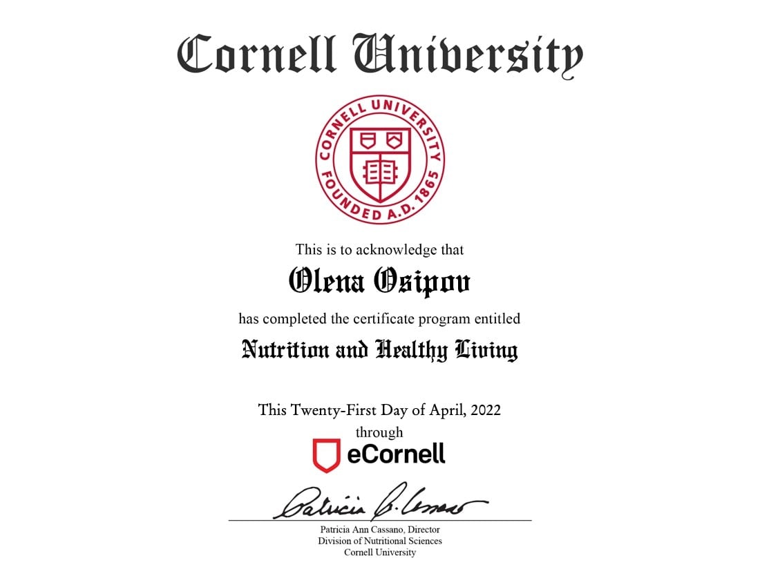 Nutrition and healthy living certificate for Olena Osipov from Cornell University.