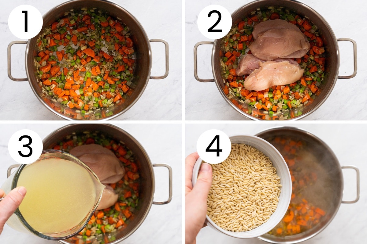 Person showing how to saute vegetables and cook chicken breasts in chicken broth with orzo.