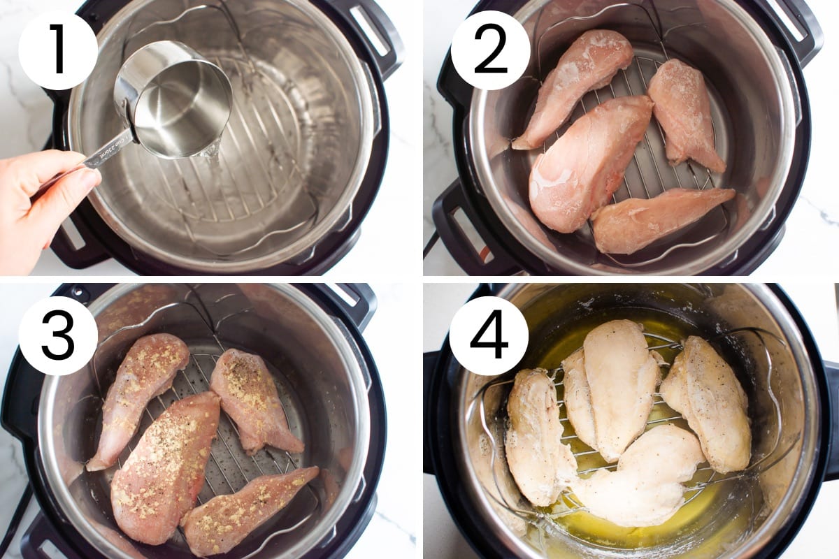 Person showing how to cook frozen chicken breasts in Instant Pot.