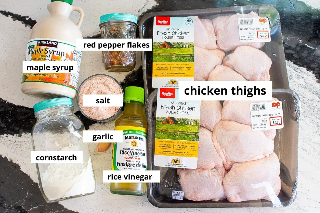 Chicken thighs, maple syrup, red pepper flakes, salt, garlic, rice vinegar, cornstarch.