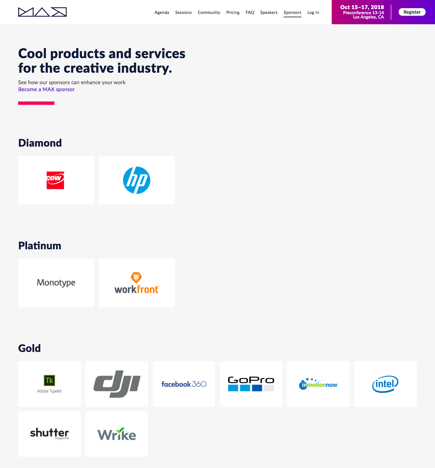 Sponsor Offerings on Max by Adobe Website